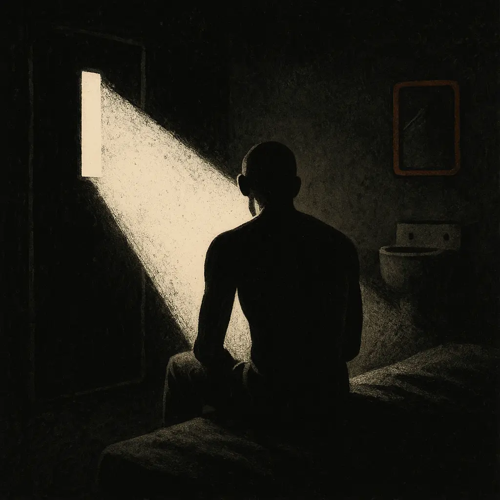 Prisoner on bed in dark cell with flashlight beam through door window