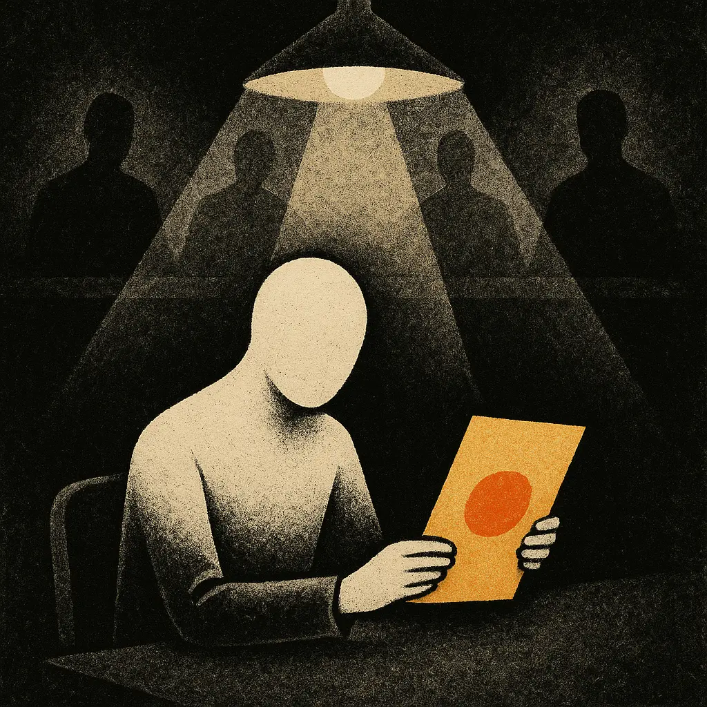 Faceless figure seated under overhead light holding orange document with red circle