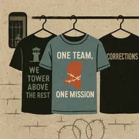 Three T-shirts on hangers, center shirt reads 'One Team, One Mission' with Mississippi outline