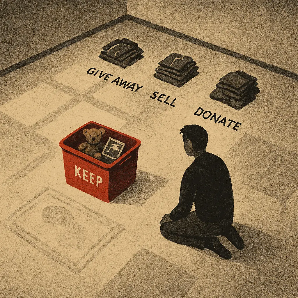 Man kneeling in sparse room with four labeled piles: Give Away, Sell, Donate, and Keep with red bin