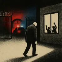Elderly man walking away from prison gates lit by red and blue ambulance lights, children waving from a window