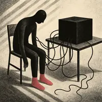 Figure in chair connected to black polygraph machine with pink socks visible