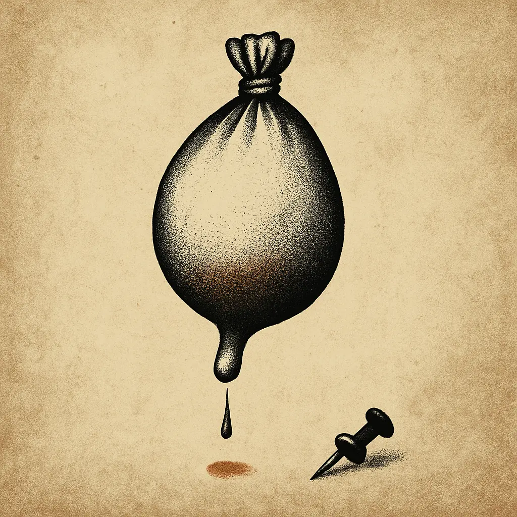 Inflated latex glove tied at the top with liquid dripping from a pinhole in one finger, pushpin nearby on textured sepia background.