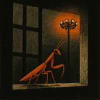 Praying mantis perched on prison cell window ledge at night with floodlight glowing