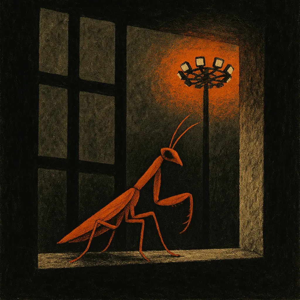 Praying mantis perched on prison cell window ledge at night with floodlight glowing