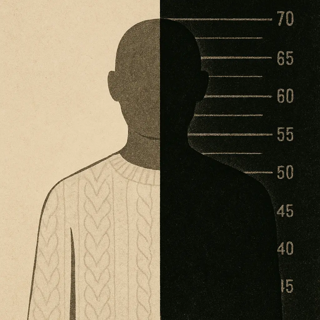 Faceless figure split vertically: cream sweater on left, dark silhouette with mugshot backdrop on right