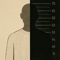 Faceless figure split vertically: cream sweater on left, dark silhouette with mugshot backdrop on right