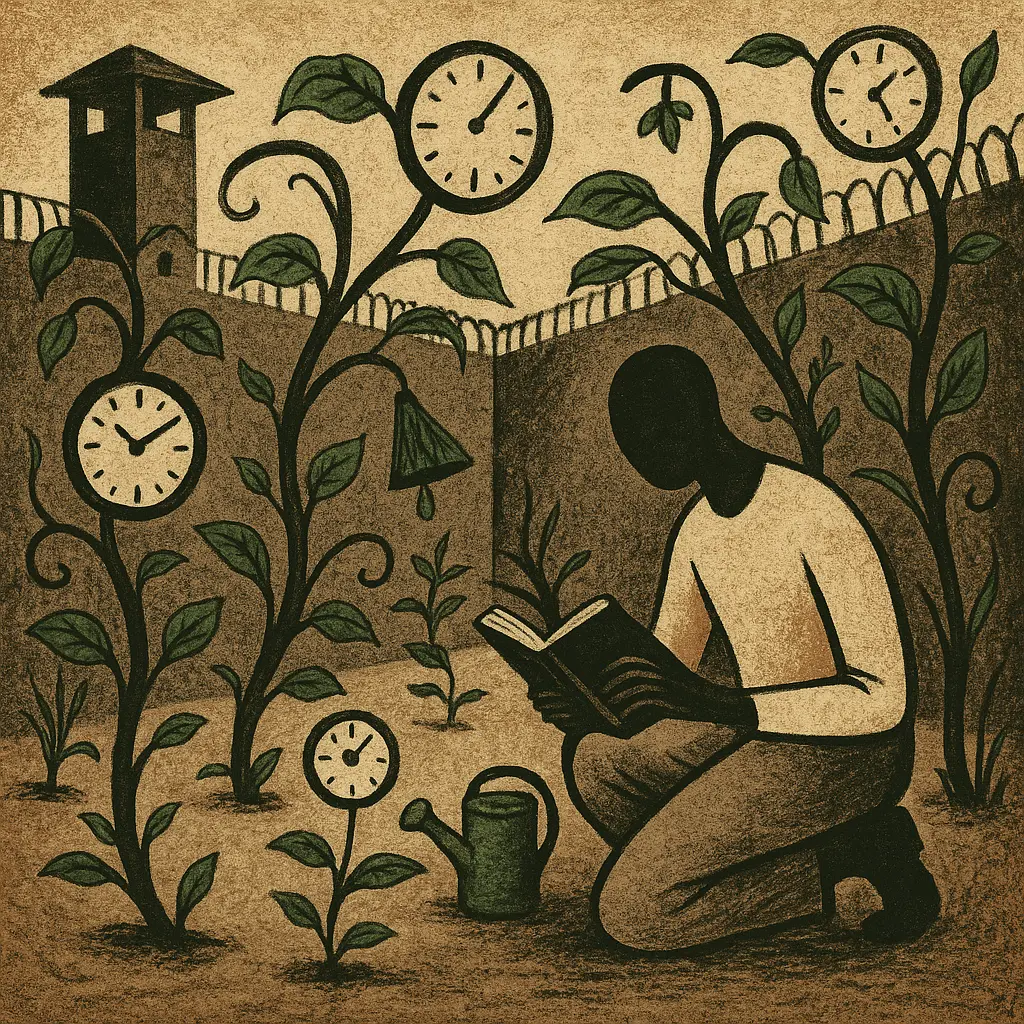 Faceless figure reading and watering clocks growing on vines in prison yard
