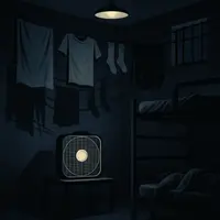 Dim dorm room at night with laundry hanging, a glowing fan on a table, and a bunk bed beneath a barred window.