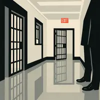 Prison hallway with cell doors, polished floor, two suited figures, and a red EXIT sign above an open barred door.