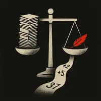 Justice scale with stack of folders on one side, red feather on other, paper trail with numbers