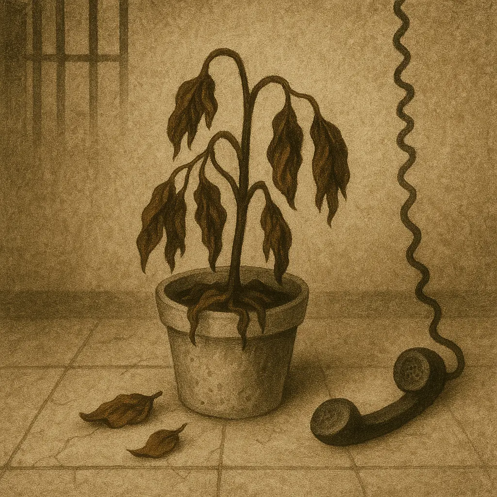 Wilted potted plant with fallen leaves on tile floor, phone receiver with coiled cord