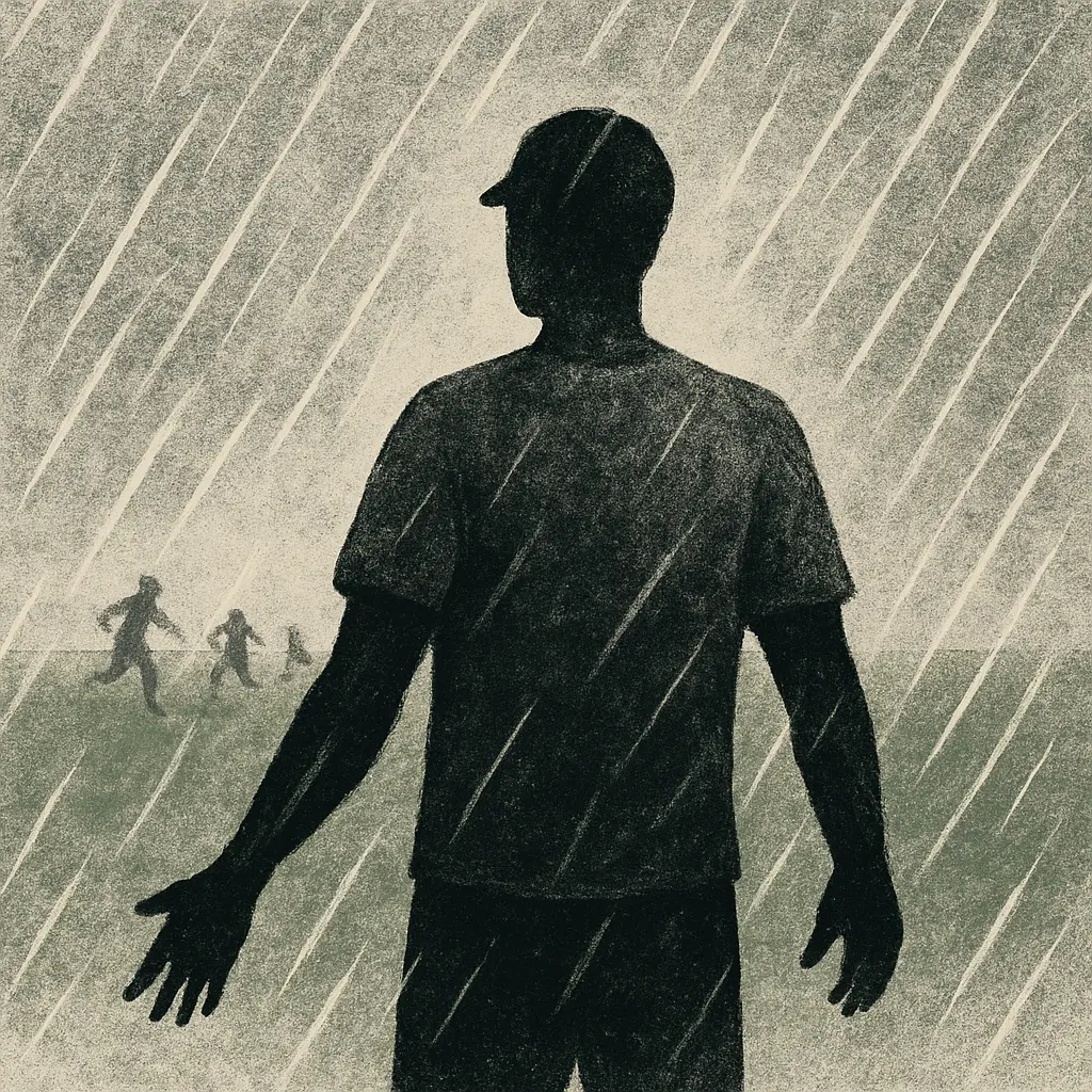 Solitary figure standing in rain on prison track with arms extended, silhouettes playing soccer in background
