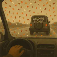 Car interior view following Jeep with 'Welcome Home' message, confetti on windshield
