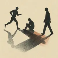 Prison inmates running walking sitting with overlapping shadows creating human connection through daily routines