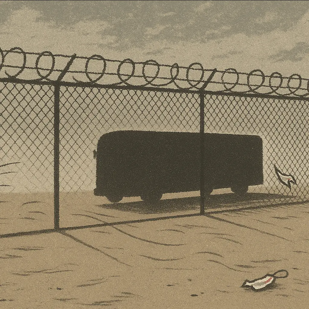 Shadow of a bus cast on a prison yard fence with razor wire, windblown dust and scraps of paper on the ground.