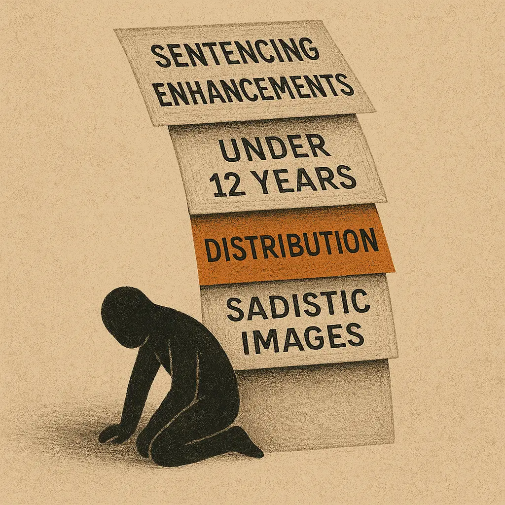 Faceless figure crushed beneath stack of sentencing enhancements labeled 'Distribution' and 'Sadistic Images'