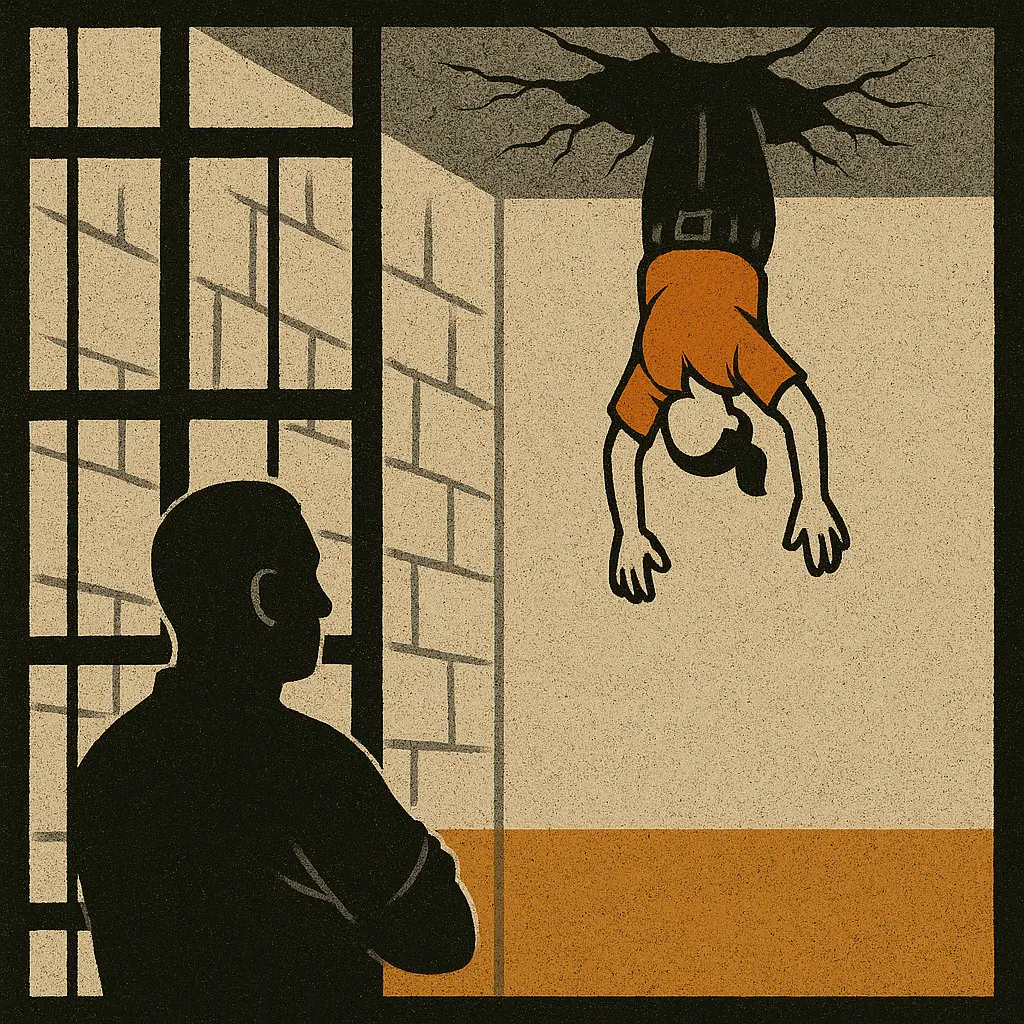 Female prison officer hanging upside down through ceiling, inmate watching from behind bars