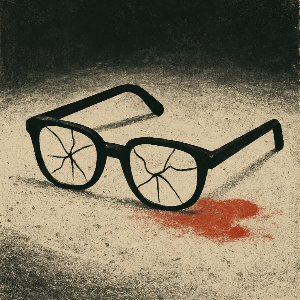 Cracked black eyeglasses rest on a textured floor beside a reddish stain, shadows cast in a stark, dim space