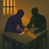 Two men at metal desk in prison cell, one writing on legal pad, sunlight through barred window