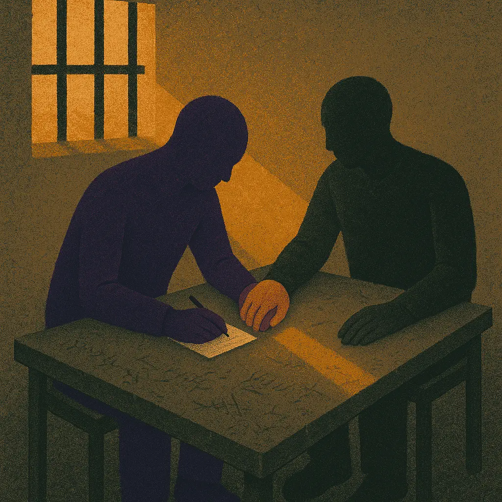 Two men at metal desk in prison cell, one writing on legal pad, sunlight through barred window