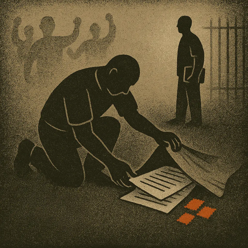 Prison stamps hidden under rug with gambling slips symbolizing underground prison economy