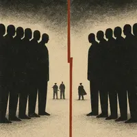 Two groups of prisoners facing each other in standoff, red lightning bolt between them