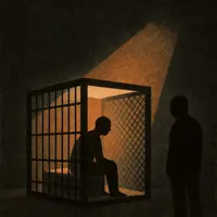 A prisoner sits inside a barred cage under a harsh orange light while another figure stands watching in shadow.