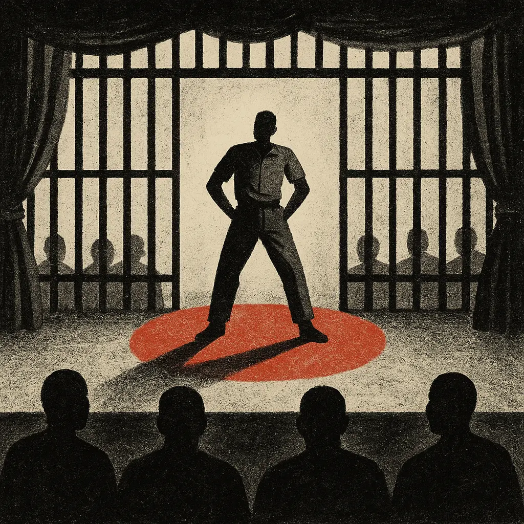Surreal illustration of a faceless figure posing confidently under a red spotlight on a prison stage framed by bars as curtains, watched by shadowy inmate silhouettes — symbolizing hidden identity and performative masculinity in incarceration.