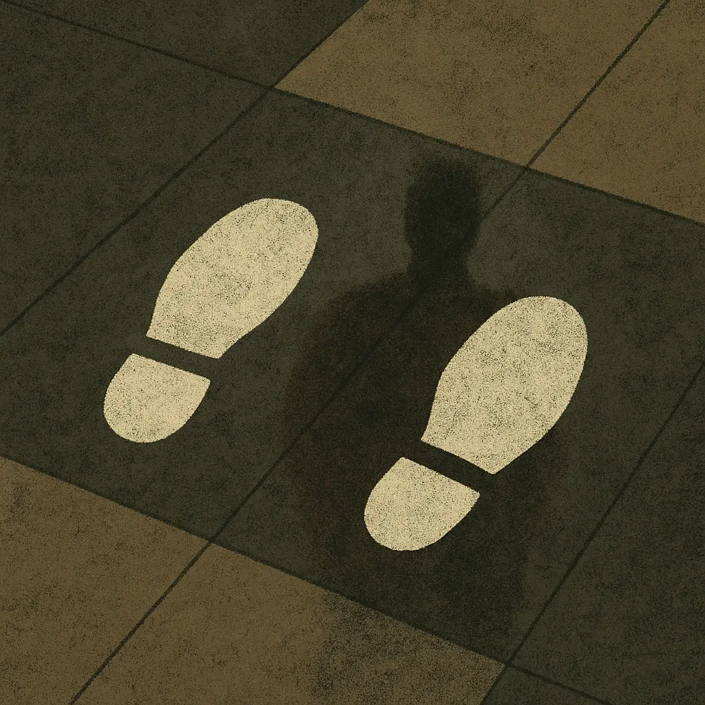 Dallas police precinct back entrance with worn footprint decals symbolizing stigma and isolation during sex offender registration