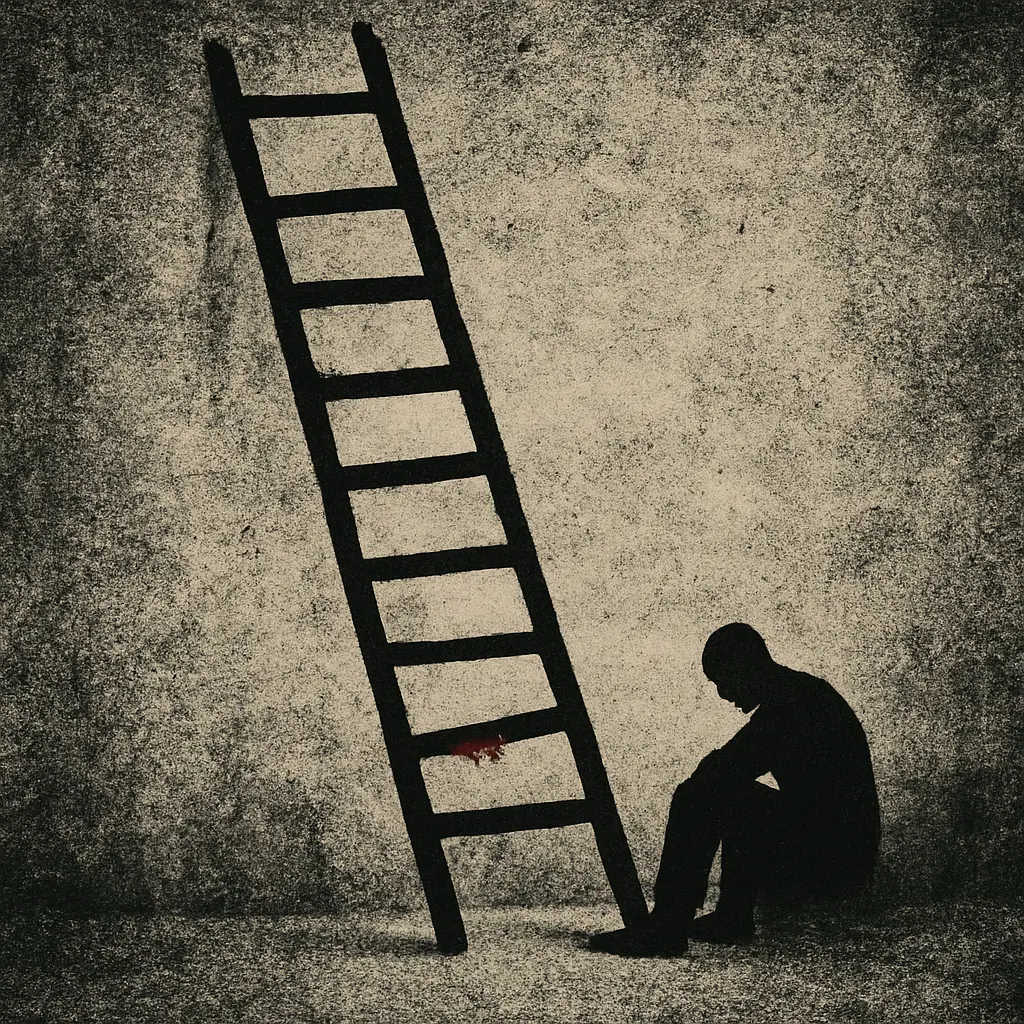 Broken ladder leaning against a rough prison wall with a shadowed figure sitting at the base, red stain on bottom rung.