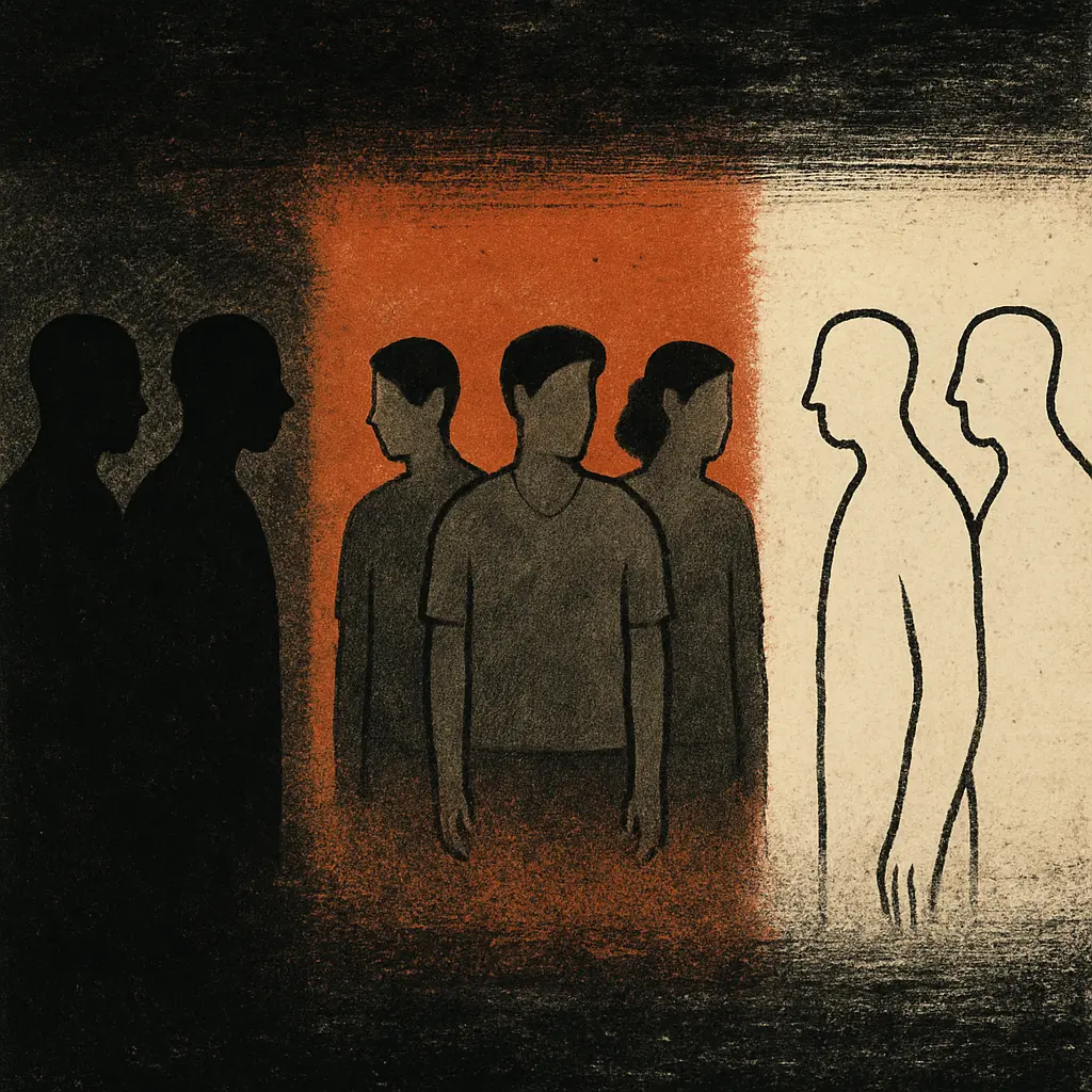 Linocut illustration with black silhouettes on left, white outlines on right, gray figures in orange center zone