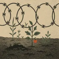 Small garden with tomato, onion, and sapling apple tree growing beneath razor wire on dark soil, one red fruit prominent.