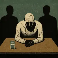 Cracked stone figure slumped at interrogation table with two shadowy agents standing nearby