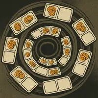 Spiral of beige cafeteria trays with orange tomato slices, set against dark concentric rings on a textured background.