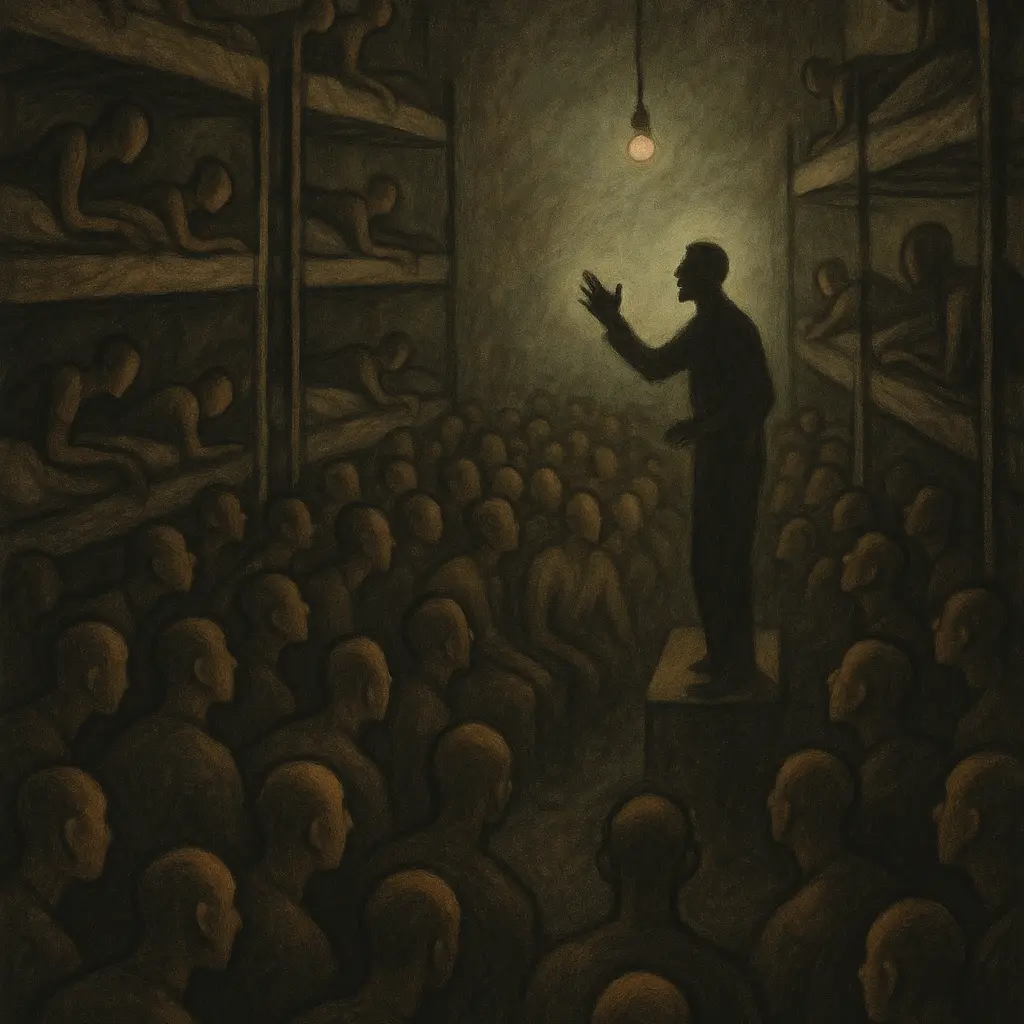 Dimly lit dorm packed with men on bunks listening to a speaker under a hanging lightbulb.
