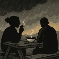 Two people sitting at wet picnic table with bowl of food, one smoking