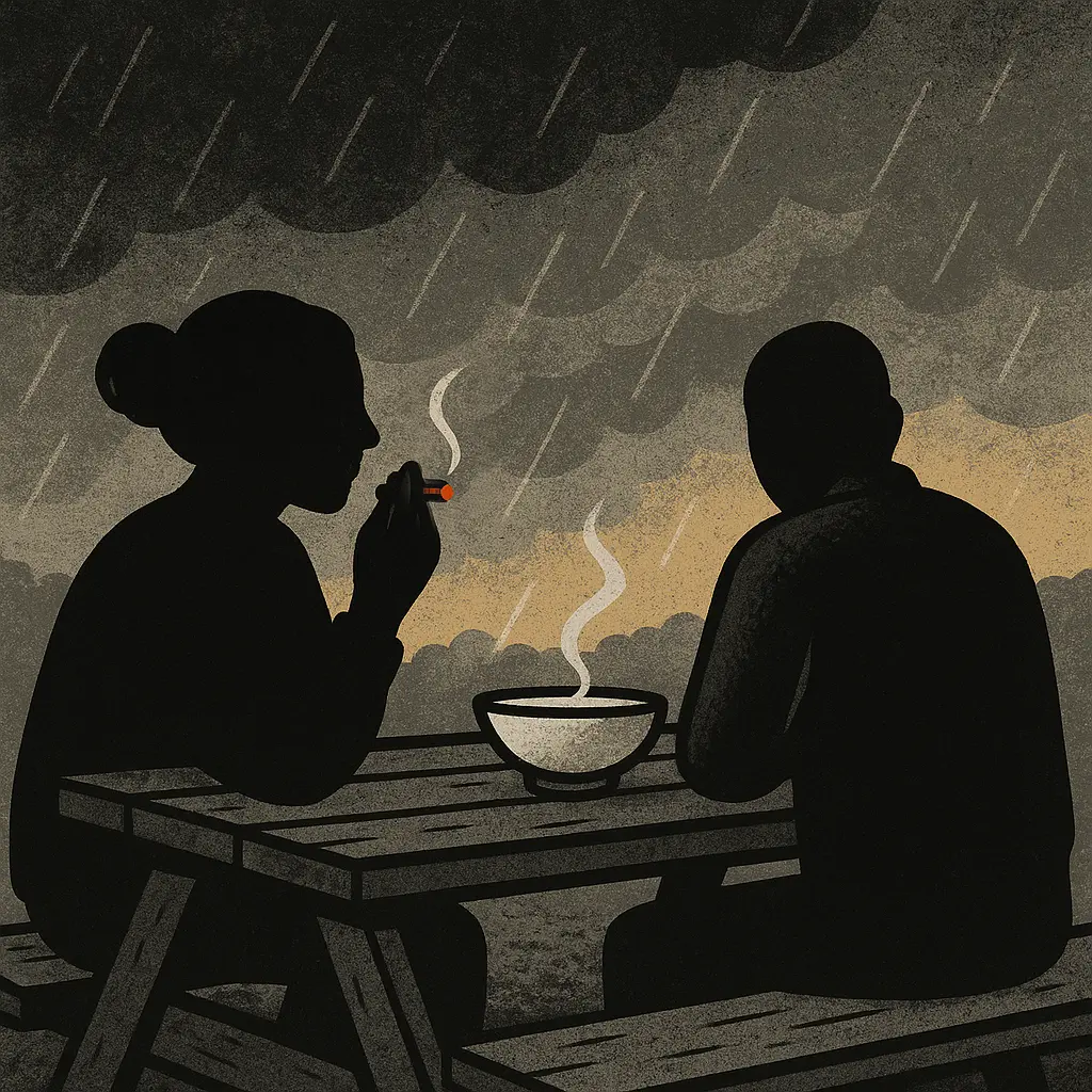 Two people sitting at wet picnic table with bowl of food, one smoking