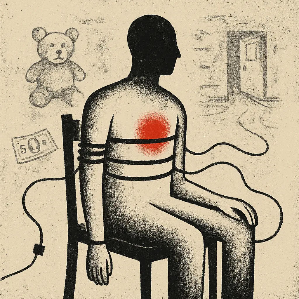 Figure strapped to polygraph chair with sketches of teddy bear, five-dollar bill, and door nearby