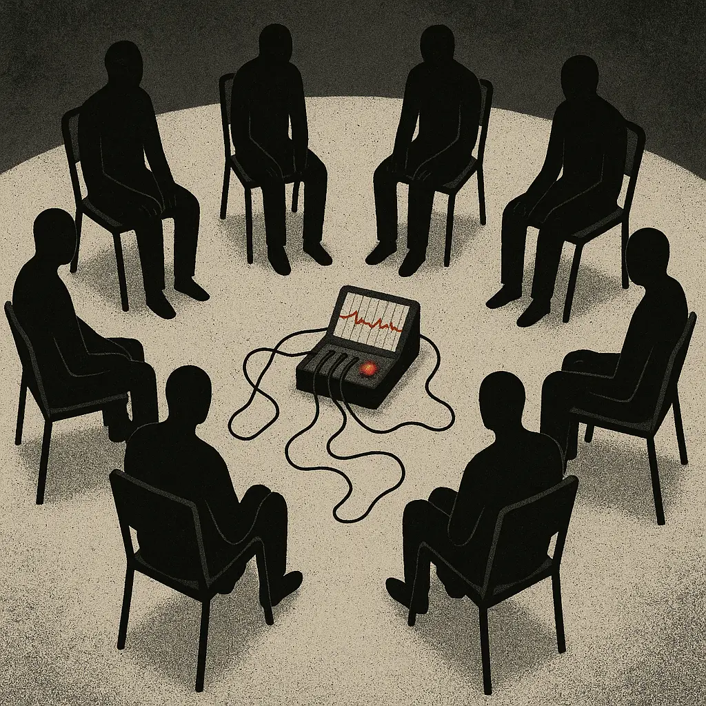 Eight figures seated in circle around polygraph machine with red warning signals