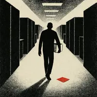 Employee walking through office cubicles holding box of personal items with red folder falling