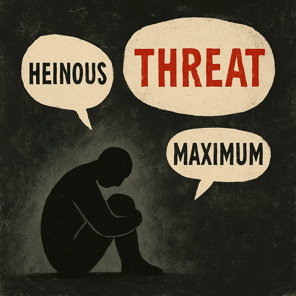Solitary figure in darkness surrounded by speech bubbles labeled 'HEINOUS,' 'THREAT,' and 'MAXIMUM'