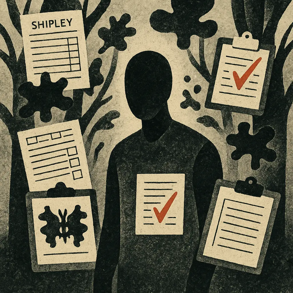 Faceless figure standing among psychological test forms and inkblots