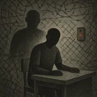 Faceless inmate hunched over table beneath barbed wire with red emergency button, dark silhouette casting shadow