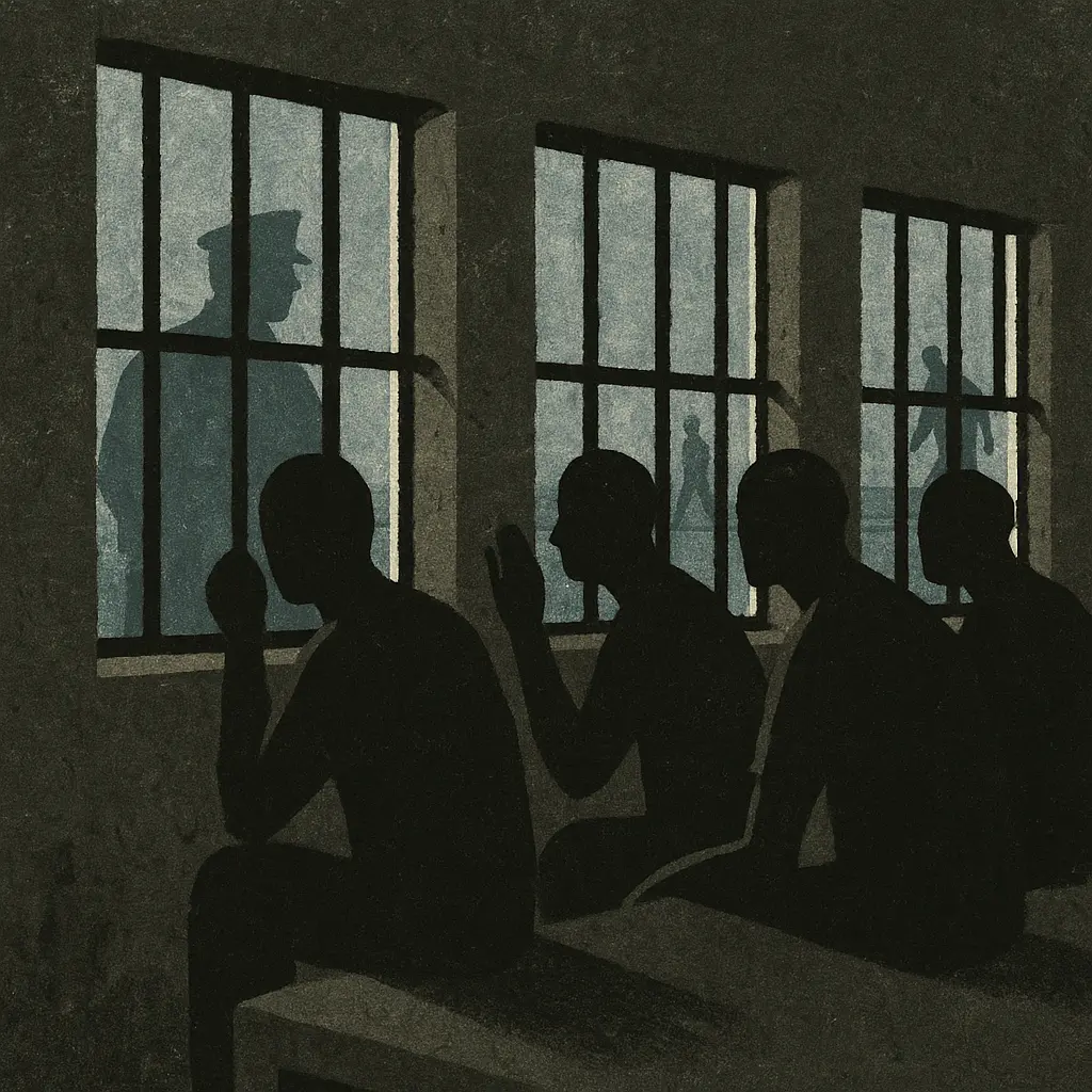 Inmates looking through barred windows in prison dorm