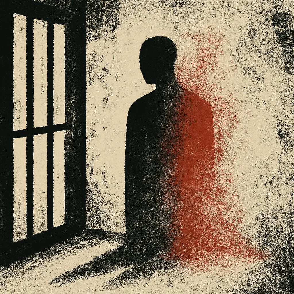 Faceless inmate figure fading into prison wall with red silhouette