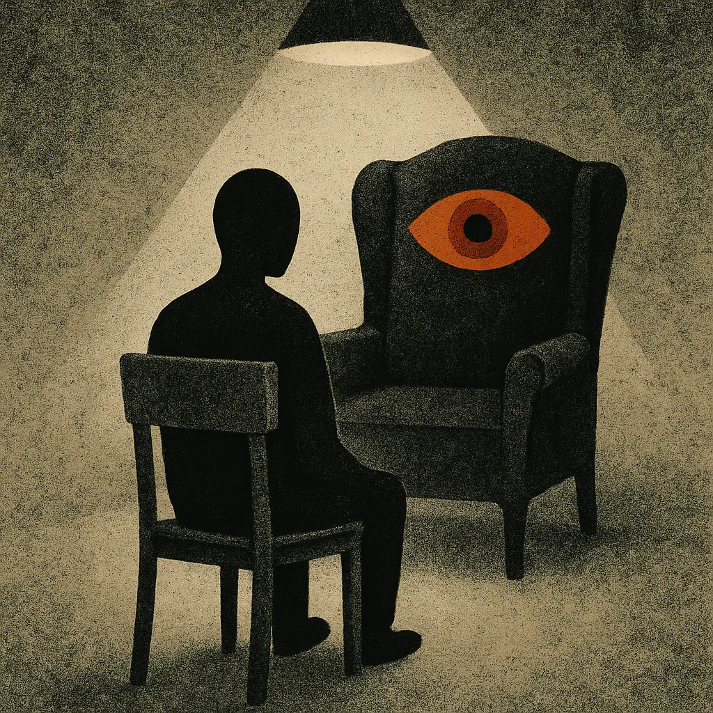 Faceless figure under spotlight facing worn armchair with large eye on backrest