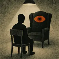 Faceless figure under spotlight facing worn armchair with large eye on backrest