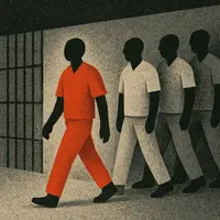 Faceless inmate in red-orange uniform walks among others in beige uniforms