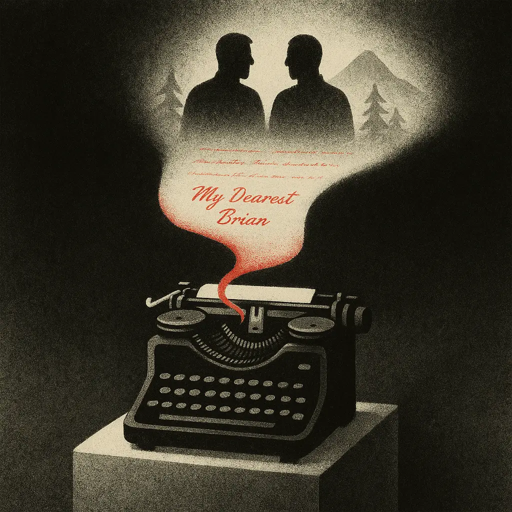 Vintage typewriter with love letter emerging, transforming into two male silhouettes in Montana landscape